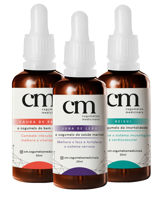 Kit Completo - Extrato Líquido/ Tintura de Cogumelo Juba de Leão - Reishi - Cauda de Peru - 50ml